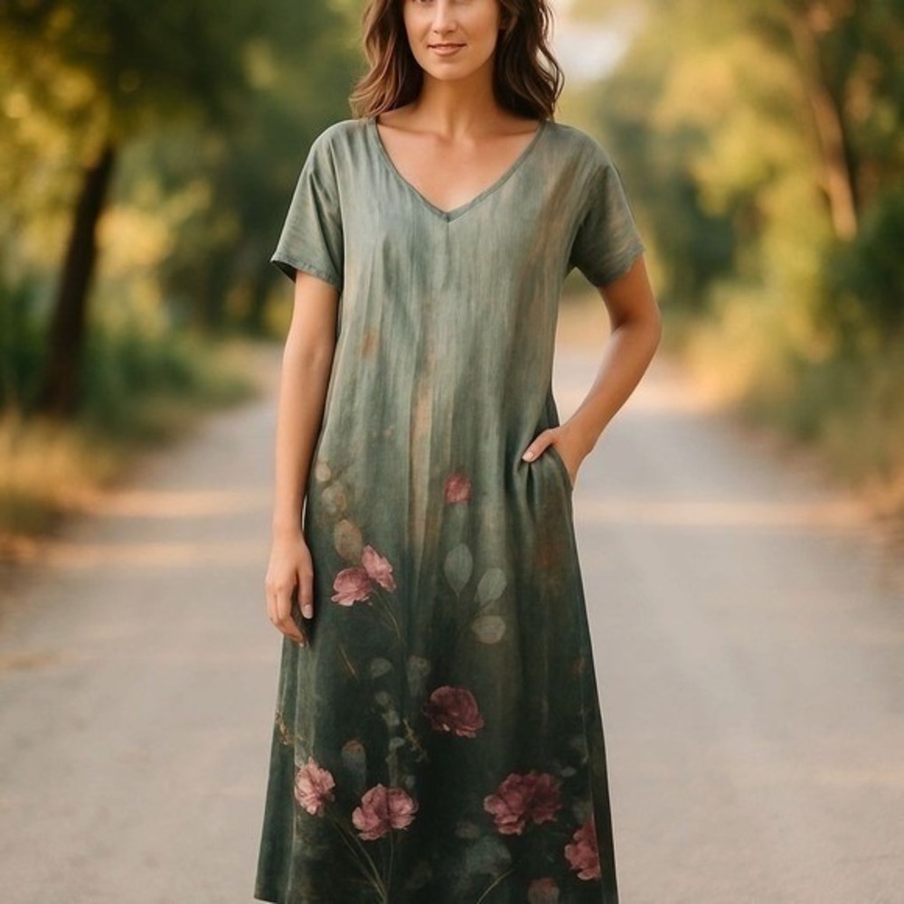 NEW‎ Womens V Neck House Dress XL Floral Midi Maxi Watercolor Artsy
